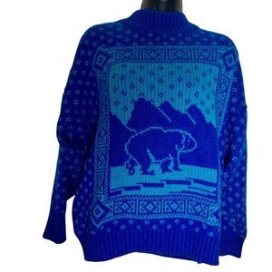 Vintage 80s Shetland Wool Blue Patterned Bear Mock Neck Sweater XL Australian